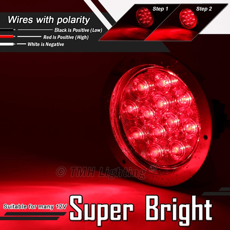 TMH (Pack of 4 Clear Lens Red LED 4 Inch Round Trailer Tail Lights with Chrome Bezel F3 Piranha 12 LED for Truck Bus Lorry Trailer 12V DC - Image 5